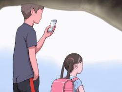 Rule 34 | 1boy, 1girl, age difference, animated, animated gif, backpack, bag, black hair, cellphone, child, dppg, hidden camera, holding, holding phone, original, phone, randoseru, smartphone, twintails, walking