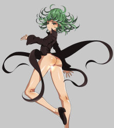 Rule 34 | 1girl, ass, back, bottomless, curly hair, don (rg06268), dress, expressionless, from behind, full body, green eyes, green hair, highres, legs, no panties, one-punch man, pelvic curtain, pussy, short hair, slippers, solo, tatsumaki