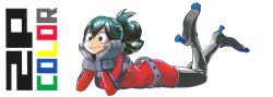 Rule 34 | 1girl, absurdres, alternate costume, asui tsuyu, bodysuit, boku no hero academia, cover, cover page, green hair, highres, horikoshi kouhei, long hair, lying, manga cover, official art, on stomach, red bodysuit, scan, simple background, solo, updo, white background