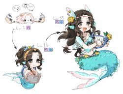 Rule 34 | 1girl, :d, ariura kanna, arrow (projectile), blue nails, blush, bracelet, brown eyes, chibi, dot nose, egg, evolution, fins, flower, full body, gills, hair flower, hair ornament, hair up, harp, head fins, highres, idolmaster, idolmaster cinderella girls, instrument, jewelry, looking at viewer, map, mermaid, monster girl, multiple views, musical note, nail polish, navel, necklace, no nose, open mouth, parted bangs, ponytail, see-through, see-through sleeves, shell, shell bikini, shell necklace, smile, spawnfoxy, treasure map, wavy hair