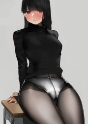 Rule 34 | 1girl, arm support, arms behind back, asymmetrical bangs, black hair, black pantyhose, black sweater, blunt bangs, blush, breasts, brown eyes, closed mouth, cowboy shot, desk, grey background, grey panties, gusset, highres, leaning back, light smile, long sleeves, looking at viewer, medium breasts, original, panties, panties under pantyhose, pantyhose, school desk, simple background, sitting, sleeves past wrists, solo, sweater, thighband pantyhose, turtleneck, turtleneck sweater, underwear, white panties, yomu (sgt epper)