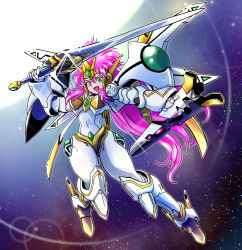 Rule 34 | 1girl, green eyes, highres, holding, holding sheath, holding sword, holding weapon, lens flare, long hair, mecha, mecha musume, open mouth, pink hair, robot, science fiction, sheath, smile, solo, space, super robot wars, super robot wars original generation, sword, valsione r, very long hair, weapon, yuzupapa