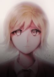 Rule 34 | 1boy, androgynous, blonde hair, brown hair, closed mouth, collared shirt, commentary request, danganronpa (series), danganronpa 3 (anime), expressionless, formal, gradient background, grey background, grey eyes, hiru (hyerrr), jacket, looking at viewer, male focus, mitarai ryota, necktie, portrait, shirt, short hair, solo, white background