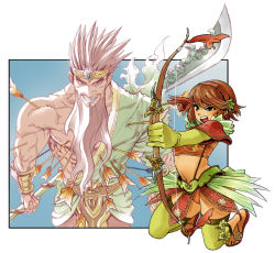Rule 34 | 1boy, 1girl, arrow in body, beard, bow (weapon), breasts, brown hair, commentary request, damaged, facial hair, guan yu, mimonel, mustache, polearm, sangoku musou 1, shin sangoku musou, short hair, spiked hair, sun shang xiang, weapon
