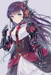 Rule 34 | 1girl, blue eyes, character request, closed mouth, dress, gem, highres, karunabaru, long hair, mechanical arms, purple background, purple hair, shadowverse, simple background, smile, solo, torn, torn clothes