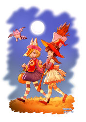 Rule 34 | 10s, 2girls, :d, alternate costume, animal ears, bat wings, blonde hair, broom, brown hair, commentary request, dated, extra ears, flying, food, full body, full moon, halloween, halloween costume, hat, hat belt, highres, japari bun, japari symbol, jiangshi costume, kaban (kemono friends), kemono friends, lucky beast (kemono friends), moon, multiple girls, night, ofuda, open mouth, pumpkin, roonhee, serval (kemono friends), serval tail, skirt, smile, striped clothes, striped legwear, striped thighhighs, tail, thighhighs, walking, wings, witch, witch hat