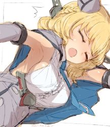 Rule 34 | 1girl, alchera, bad id, bad twitter id, blonde hair, blue necktie, braid, breasts, capelet, closed eyes, colorado (kancolle), commentary request, dress, elbow gloves, garrison cap, gloves, grey dress, grey hat, hat, headgear, kantai collection, large breasts, lying, necktie, on side, pleated dress, shirt, short hair, side braids, sideboob, simple background, sleeveless, solo, upper body, white background, white shirt, yawning