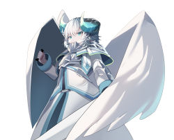 Rule 34 | 1boy, absurdres, angel wings, aqua eyes, armor, breastplate, gradient horns, highres, holding, holding shield, horns, lazbee, looking at viewer, male focus, multicolored horns, original, shield, short eyebrows, simple background, slit pupils, solo, white background, white hair, wings