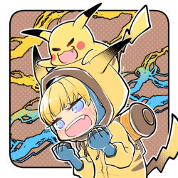 Rule 34 | 1girl, = =, animification, apex legends, backpack, bag, blonde hair, blue eyes, blush, bungaw, chibi, clenched hands, creatures (company), crossover, electricity, facial scar, fang, game freak, gen 1 pokemon, nintendo, on head, open mouth, pikachu, pikachu costume, pikachu hood, pokemon, pokemon (creature), pokemon on head, scar, scar on cheek, scar on face, trait connection, v-shaped eyebrows, wattson (apex legends)
