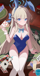 1girl animal_ear_hairband animal_ears bare_shoulders blonde_hair blue_archive blue_eyes blue_halo blurry breasts card casino closed_mouth covered_navel cup depth_of_field drinking_glass fake_animal_ears hairband halo highres holding holding_card leotard long_hair looking_at_viewer medium_breasts on_table playboy_bunny playing_card poker_chip rabbit_ear_hairband rabbit_ears sitting stool table thighs toki_(blue_archive) toki_(bunny)_(blue_archive) ula_cabbage very_long_hair wrist_cuffs