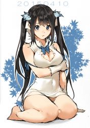 Rule 34 | 10s, 1girl, arm ribbon, bad id, bad pixiv id, bare shoulders, barefoot, black hair, blue eyes, blush, bow, breast hold, breasts, cleavage, cleavage cutout, clothing cutout, covered navel, dated, dress, dungeon ni deai wo motomeru no wa machigatteiru darou ka, female focus, gloves, hair ornament, hair ribbon, hestia (danmachi), highres, holding another&#039;s arm, holding own arm, large breasts, leenim, long hair, looking at viewer, rei no himo, ribbon, seiza, short dress, sitting, sleeveless, sleeveless dress, solo, twintails, white dress, white gloves