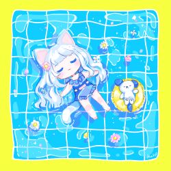 Rule 34 | 1girl, afloat, animal ears, bare legs, barefoot, blue hair, blue one-piece swimsuit, cat ears, cat tail, chibi, closed eyes, dog, falling petals, flower, frilled one-piece swimsuit, frills, hair flower, hair ornament, highres, inflatable raft, light blue hair, light blush, long hair, one-piece swimsuit, original, petals, pink flower, pool, raised eyebrows, ripples, sidelocks, signature, swimsuit, tail, very long hair, wavy hair, white flower, yutukicom