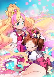 Rule 34 | 2girls, aqua eyes, blonde hair, blouse, bow, brown hair, closed mouth, cure flora, dual persona, earrings, closed eyes, flower, flower earrings, flower necklace, gloves, go! princess precure, haruno haruka, highres, jewelry, long hair, looking at viewer, magical girl, multicolored hair, multiple girls, necklace, pink bow, pink hair, precure, rumo, shirt, short hair, smile, streaked hair, thick eyebrows, twitter username, two-tone hair, white gloves, white shirt, aged down