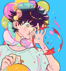 Rule 34 | 1boy, :i, absurdres, balloon, balloon hair ornament, black hair, blue background, blush stickers, bright pupils, confetti, dolman (dm), hair behind ear, hand up, highres, holding, holding balloon, male focus, messy hair, multicolored eyes, ok sign, original, popped balloon, portrait, rainbow eyes, shirt, short hair, short sleeves, simple background, solo, white pupils, white shirt