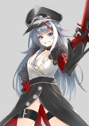 Rule 34 | 1girl, absurdres, armband, azur lane, breasts, choker, cleavage, collarbone, commentary, cowboy shot, cross, deutschland (azur lane), frilled sleeves, frills, goggles, goggles on headwear, grey background, grey hair, grin, gun, hand on own hip, hat, highres, holding, holding gun, holding weapon, iron cross, karla (kimidori3), legs apart, leotard, leotard under clothes, long hair, long sleeves, looking at viewer, mechanical hands, military hat, multicolored hair, sharp teeth, sidelocks, simple background, smile, solo, standing, streaked hair, teeth, thigh strap, very long hair, weapon