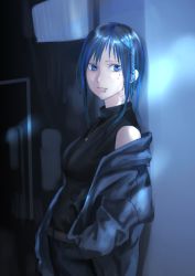 Rule 34 | 1girl, barcode, barcode tattoo, belt, black shirt, blue eyes, blue hair, braid, breasts, brown belt, cheek piercing, closed mouth, cowboy shot, denim, from side, grey jacket, highres, jacket, jeans, jewelry, kilye kairi, lip piercing, looking at viewer, looking to the side, medium breasts, medium hair, neck tattoo, necklace, off shoulder, open clothes, open jacket, original, pants, piercing, shirt, side braid, smile, solo, standing, tattoo