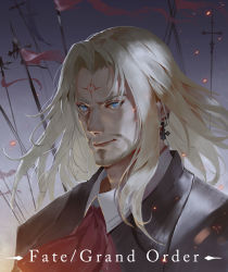 Rule 34 | 1boy, beard, blue eyes, closed mouth, command spell, copyright name, earrings, facial hair, facial mark, fate/apocrypha, fate/grand order, fate (series), floating hair, forehead mark, formal, itoucon, jewelry, light particles, male focus, polearm, portrait, solo, spear, vlad iii (fate/apocrypha), weapon, white hair