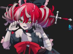 Rule 34 | 1girl, bandaged arm, bandages, blue eyes, blush, bow, bracelet, claw pose, double bun, dress, fangs, hair bow, hair bun, heterochromia, hololive, hololive indonesia, ikazu401, jewelry, kureiji ollie, kureiji ollie (1st costume), looking at viewer, multicolored hair, nail polish, open mouth, patchwork skin, red hair, sarashi, short sleeves, smile, solo, streaked hair, sword, symbol-shaped pupils, torn clothes, torn dress, udin (kureiji ollie), upper body, virtual youtuber, weapon, white hair, x-shaped pupils, yellow eyes