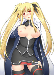 Rule 34 | 00s, 1girl, blonde hair, blush, bow, breasts, breasts out, cape, fate testarossa, hair bow, highres, jacket, large breasts, long hair, lyrical nanoha, mahou shoujo lyrical nanoha strikers, nipples, open clothes, open mouth, panties, panty pull, red eyes, sakura yuu, solo, thighhighs, twintails, underwear, white panties