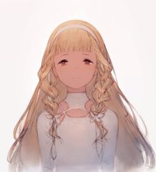 Rule 34 | 1girl, blonde hair, braid, brown eyes, character request, closed mouth, hairband, highres, junwool, long hair, looking at viewer, maquia: when the promised flower blooms, side braid, sketch, smile, solo, twin braids, upper body, white background