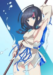 Rule 34 | 1girl, absurdres, arm behind head, arm up, armpits, artist request, bare shoulders, black hair, blue background, blue eyes, blue ribbon, blush, breasts, collarbone, dress, fate/grand order, fate/requiem, fate (series), fundoshi, highres, japanese clothes, jewelry, long sleeves, looking at viewer, magatama, magatama hair ornament, medium breasts, medium hair, multicolored hair, necklace, open mouth, pelvic curtain, pink hair, polearm, puffy long sleeves, puffy sleeves, ribbon, seigaiha, short dress, sideboob, sideless outfit, spear, streaked hair, thighs, utsumi erice, water drop, weapon, white background, white dress