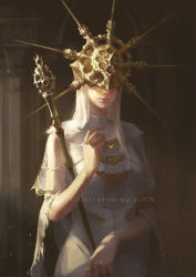 Rule 34 | 1boy, arch, artist name, chain, chinese commentary, commentary request, covered eyes, crossdressing, dark souls (series), dark souls i, dark sun gwyndolin, day, dress, facing viewer, gold chain, hand up, helmet, highres, holding, holding staff, indoors, jewelry, jlien-, light particles, lips, long hair, male focus, mask, no choker, no gloves, pillar, ring, shawl, snake, solo, spikes, staff, trap, upper body, white dress, white hair