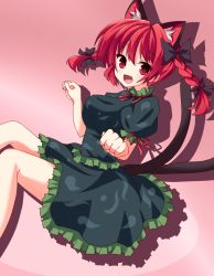 Rule 34 | 1girl, :3, animal ears, bad id, bad pixiv id, bow, braid, cat ears, cat girl, cat tail, dress, extra ears, fang, female focus, hair bow, highres, kaenbyou rin, kuromari (runia), multiple tails, open mouth, paw pose, red eyes, red hair, solo, tail, touhou, twin braids, twintails