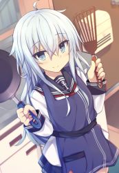 Rule 34 | 1girl, ahoge, apron, bad id, bad pixiv id, black skirt, blue apron, blurry, blurry background, blush, closed mouth, commentary request, depth of field, frying pan, grey eyes, hair between eyes, hands up, hibiki (kancolle), holding, indoors, kantai collection, long hair, long sleeves, looking at viewer, no headwear, pleated skirt, red neckwear, school uniform, serafuku, shinopoko, shirt, silver hair, skirt, smile, solo, spatula, verniy (kancolle), very long hair, white shirt