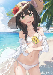Rule 34 | 1girl, bare shoulders, beach, bikini, black hair, blue sky, blush, braid, breasts, commentary request, day, flower, flower bracelet, green eyes, hand on own chest, hat, hat flower, hibiscus, highres, jacket, long hair, looking at viewer, navel, off shoulder, open clothes, open jacket, open mouth, original, outdoors, side-tie bikini bottom, sky, small breasts, solo, sun hat, sunlight, swimsuit, tsubure manjuu, twin braids, water, white bikini, white jacket