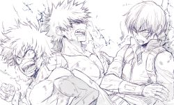 Rule 34 | bakugou katsuki, blood, blood on face, boku no hero academia, clenched hand, clenched teeth, collar, collarbone, freckles, greyscale, highres, midoriya izuku, mkm (mkm storage), monochrome, multiple boys, open mouth, profile, saliva, scar, scar on face, signature, simple background, spiked hair, teeth, todoroki shouto, toned, toned male, v-shaped eyebrows, white background