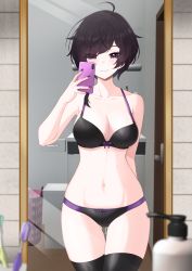 Rule 34 | 1girl, absurdres, ahoge, armpits, bare arms, bare shoulders, black bra, black hair, black nails, black panties, black thighhighs, bra, breasts, cellphone, cleavage, closed mouth, collarbone, cowboy shot, gluteal fold, hand up, highres, holding, holding phone, kometa virtual live, large breasts, lazycoffee (wyen iscordo), looking at viewer, miria (kometa virtual live), mirror, nail polish, navel, panties, phone, purple eyes, reflection, selfie, short hair, skindentation, smartphone, smile, solo, standing, stomach, thigh gap, thighhighs, thighs, underwear, underwear only, virtual youtuber