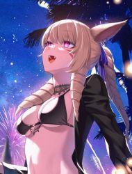 Rule 34 | 1girl, animal ears, warrior of light (ff14), bikini, black bikini, blonde hair, breasts, cat ears, cluseller, drill hair, facial mark, fang, final fantasy, final fantasy xiv, fireworks, long hair, medium breasts, miqo&#039;te, night, open clothes, open mouth, open shirt, outdoors, ponytail, red eyes, solo, swimsuit, whisker markings
