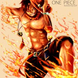 Rule 34 | 1boy, belt, copyright name, fighting stance, fire, hand on headwear, hat, highres, jewelry, male focus, muscular, necklace, one piece, portgas d. ace, topless male, shorts, smile, solo, stampede string
