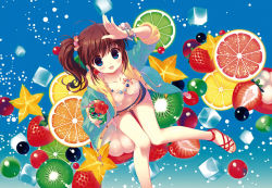 Rule 34 | 1girl, arm up, bikini, bikini top only, blue background, blue eyes, blush, bracelet, breasts, brown hair, crazy straw, cup, cutoffs, denim, denim shorts, drinking glass, drinking straw, food, from above, fruit, gradient background, grapefruit, grapes, hair ornament, heart straw, hood, hooded jacket, hoodie, ice, ice cube, jacket, jewelry, kiwi (fruit), knees together feet apart, lemon, lime (fruit), long hair, looking at viewer, looking up, mangosteen, navel, necklace, open clothes, open hoodie, open mouth, orange (fruit), original, sandals, santa matsuri, scan, short shorts, shorts, side ponytail, sitting, smile, solo, star-shaped food, star (symbol), starfish, starfruit, strawberry, sweat, swept bangs, swimsuit, white bikini