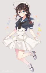 Rule 34 | 1girl, ahoge, blue eyes, blue sailor collar, blush, braid, brown hair, closed mouth, dress, floral background, gloves, hair flaps, hair ornament, hair over shoulder, hairpin, hat, highres, janus (kancolle), kantai collection, looking at viewer, naoto (tulip), sailor collar, sailor dress, sailor hat, shigure (kancolle), shigure kai ni (kancolle), simple background, single braid, smile, socks, solo, twitter username