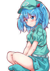 Rule 34 | 1girl, blue eyes, blue hair, blush, clip studio paint (medium), closed mouth, collared shirt, commentary request, crossed legs, flat cap, green hat, green shirt, hair bobbles, hair ornament, hat, highres, kawashiro nitori, long hair, looking at viewer, mukkushi, pocket, puffy short sleeves, puffy sleeves, shirt, short sleeves, simple background, sitting, solo, sweatdrop, textless version, touhou, white shirt