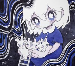 Rule 34 | 1girl, abstract, blue dress, blue eyes, blue theme, blush, bright pupils, dated, dress, hair between eyes, highres, ladder, medium hair, no nose, original, rabbit, short sleeves, signature, solo, sparkle, tears, white hair, white pupils, zukky000
