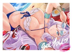 Rule 34 | 1girl, beach, bikini, breasts, cleavage, commentary, day, english commentary, english text, eyewear on head, grey hair, highres, hololive, hololive indonesia, large breasts, long hair, lying, on back, one eye closed, outdoors, pavolia reine, postcard, revolverwing, solo, swimsuit, very long hair, virtual youtuber