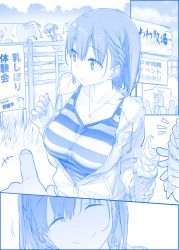 Rule 34 | 2girls, ^^^, ^ ^, ai-chan (tawawa), blue theme, braid, breasts, closed eyes, comic, commentary request, cow, false smile, food, getsuyoubi no tawawa, head tilt, himura kiseki, hood, hooded jacket, hoodie, ice cream, ice cream cone, jacket, jewelry, large breasts, monochrome, multiple girls, necklace, outdoors, partially unzipped, pointing, pov, shirt, short hair, silent comic, smile, striped clothes, striped shirt, twin braids