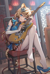 Rule 34 | 1girl, :3, :q, ahoge, animal ear fluff, animal ears, blonde hair, blue dress, blue eyes, blue ribbon, blush, cable, chair, chinese zodiac, closed mouth, commentary, crossed legs, dress, electric guitar, english commentary, feet, full body, guitar, hair ribbon, head tilt, high heels, highres, holding, holding instrument, indoors, instrument, kaito (k4itoh), lantern, legs, long hair, looking at viewer, nail polish, on chair, original, pantyhose, paper lantern, pumps, ribbon, shoe dangle, shoes, short dress, sidelocks, single shoe, sitting, sleeveless, sleeveless dress, smile, solo, tail, tiger ears, tiger girl, tiger tail, tongue, tongue out, white pantyhose, year of the tiger