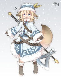 Rule 34 | 1girl, :d, animal ears, axe, battle axe, blonde hair, blue eyes, boots, brown footwear, coreytaiyo, dagger, dated, ears down, explosive, fang, full body, fur-trimmed jacket, fur-trimmed skirt, fur-trimmed sleeves, fur hat, fur trim, gloves, grenade, hat, hat feather, highres, jacket, knife, medium hair, open mouth, original, sheath, sheathed, signature, skirt, smile, snowing, solo, standing, tail, weapon, winter clothes