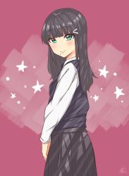 Rule 34 | 1girl, absurdres, black hair, black skirt, black vest, blunt bangs, blush, closed mouth, commentary request, cowboy shot, from side, green eyes, hair ornament, hairclip, highres, kaya (yoshina9), kurosawa dia, long hair, long sleeves, looking at viewer, looking to the side, love live!, love live! sunshine!!, mole, mole under mouth, pink background, pink lips, shirt, signature, skirt, smile, solo, star (symbol), straight hair, vest, white shirt