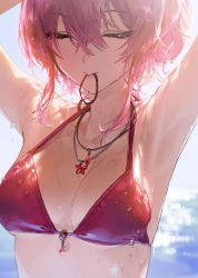 Rule 34 | 1girl, absurdres, armpits, bikini, blue sky, blurry, blurry background, blush, breasts, closed eyes, commentary, day, hair between eyes, hair tie in mouth, halterneck, highres, holding, holding own hair, idolmaster, idolmaster cinderella girls, jewelry, jougasaki mika, long hair, medium breasts, modare, mouth hold, necklace, ocean, outdoors, pink hair, ponytail, red bikini, sky, smile, solo, sparkle, star (symbol), star necklace, swimsuit, upper body, wet