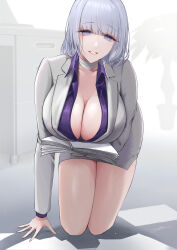 Rule 34 | 1girl, bandaged neck, bandages, breasts, business suit, cleavage, filha, formal, girls&#039; frontline, grey hair, grey suit, highres, holding, holding paper, kneeling, large breasts, looking at viewer, medium hair, official alternate costume, paper, paper stack, partially unbuttoned, pencil skirt, purple eyes, purple shirt, rpk-16 (girls&#039; frontline), rpk-16 (renate) (girls&#039; frontline), shirt, skirt, smile, suit