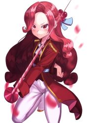 Rule 34 | 1girl, artist request, cookie run, eyebrows, hair ornament, long sleeves, looking at viewer, non-web source, pants, personification, petals, pink eyes, pink hair, raspberry cookie, simple background, solo, sword, weapon, white background, white pants