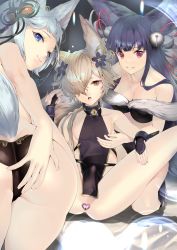 Rule 34 | 1boy, 2girls, anal, anal object insertion, animal ears, ass, backless outfit, bad id, bad twitter id, blue eyes, blush, breasts, collar, erune, fox boy, fox ears, fox tail, granblue fantasy, hair ornament, hair over one eye, highres, kou (granblue fantasy), large tail, long hair, looking at viewer, multiple girls, nail polish, naruse hirofumi, object insertion, off shoulder, sideless outfit, smile, societte (granblue fantasy), spread legs, tail, yuel (granblue fantasy)