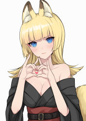 Rule 34 | 1girl, absurdres, animal ear fluff, animal ears, bare shoulders, belt, black belt, black kimono, blonde hair, blue eyes, blunt bangs, blush, breasts, cleavage, commentary request, fox ears, fox tail, grey background, hands up, heart, heart hands, highres, japanese clothes, kimono, long hair, looking at viewer, obi, off shoulder, original, red sash, sash, shimizu akina, simple background, solo, tail, upper body