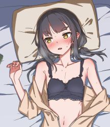 Rule 34 | 1girl, akari (raigou), bed, blue hair, blush, bra, breath, collarbone, ear blush, eyebrows, fang, female focus, highres, jacket, looking away, low twintails, lying, navel, on back, on bed, open clothes, open jacket, open mouth, original, raigou, solo, sweat, twintails, underwear, yellow eyes