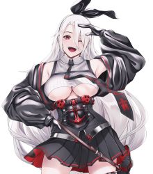 Rule 34 | 1girl, azur lane, black gloves, black jacket, black necktie, black skirt, braid, breasts, collared shirt, commentary, contrapposto, cowboy shot, crop top, enchuu kakiemon, gloves, hair over one eye, hairband, highres, jacket, large breasts, legs apart, long hair, looking at viewer, mole, mole under eye, necktie, off shoulder, one eye closed, open mouth, pleated skirt, prinz heinrich (azur lane), red eyes, salute, shirt, silver hair, simple background, skirt, smile, solo, standing, striped clothes, striped shirt, swept bangs, teeth, underboob, upper teeth only, very long hair, white background, white shirt
