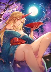 Rule 34 | 1girl, :o, alternate costume, artist name, bare legs, bare shoulders, barefoot, blonde hair, blue kimono, branch, breasts, cherry blossoms, cleavage, commentary request, cup, feet, feet out of frame, hair between eyes, hand up, highres, holding, holding cup, horns, hoshiguma yuugi, hoshiguma yuugi (kimono), japanese clothes, kikugetsu, kimono, knee up, large breasts, long hair, long sleeves, night, night sky, obi, off shoulder, outdoors, parted lips, red eyes, red sash, sakazuki, sash, sidelocks, single horn, sitting, sky, solo, star (sky), starry sky, thighs, touhou, twitter username, wide sleeves